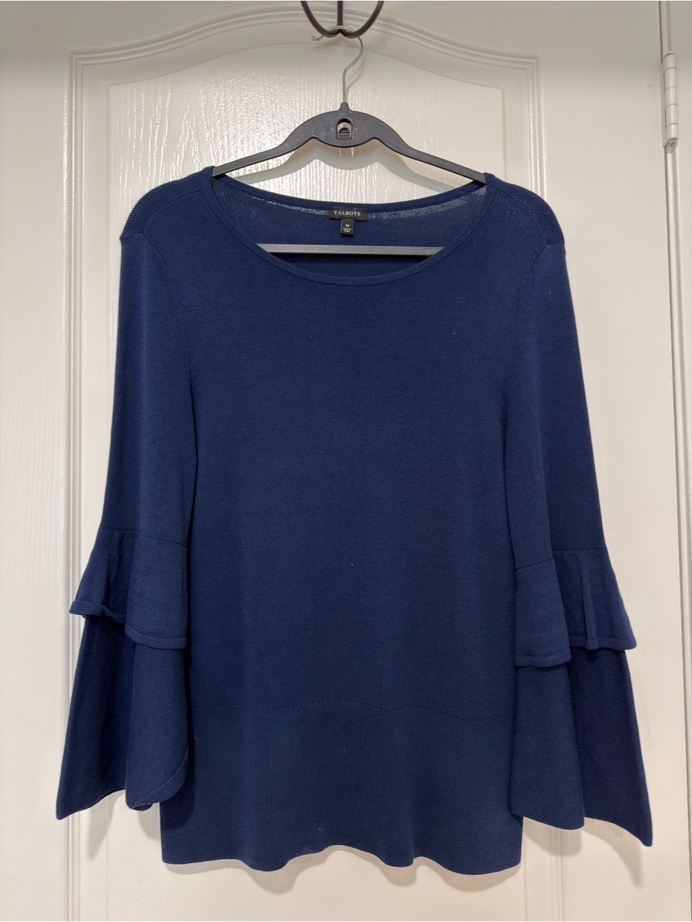 Talbots Womens Blue Layered Bell Sleeve Blouse Scoop Neck Cotton Blend Size M